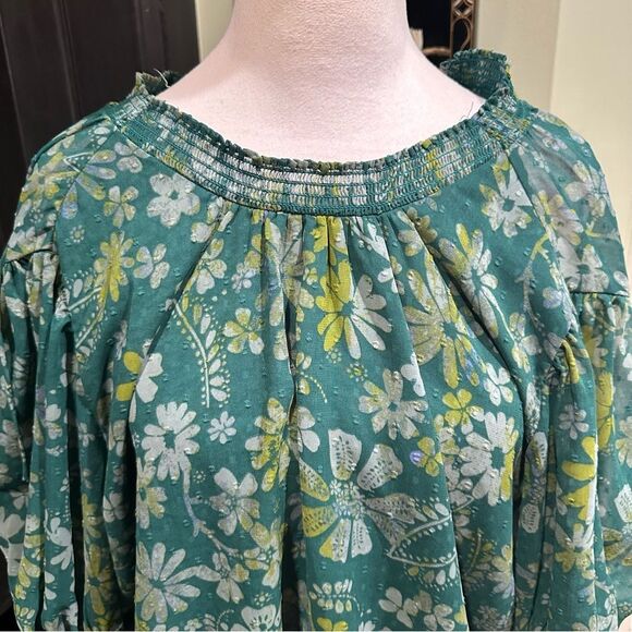 Free People Green Floral Peasant Blouse Balloon Sleeve Boho Top – Size XS - Picture 2 of 9